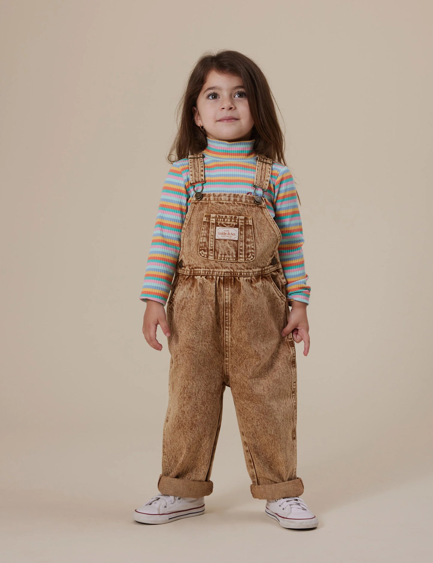 Goldie + Ace Austin Vintage Washed Denim Overalls Brown
