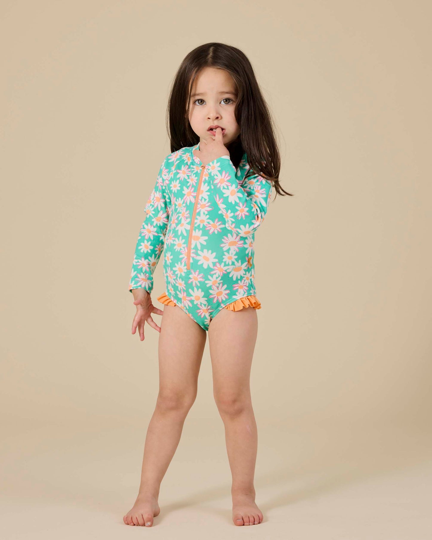 Goldie + Ace Daisy Patch Long Sleeve Frill Swimsuit