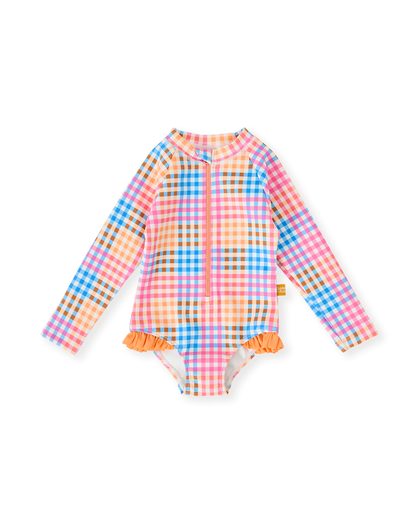 Goldie + Ace Rainbow Gingham Long Sleeve Frill Swimsuit