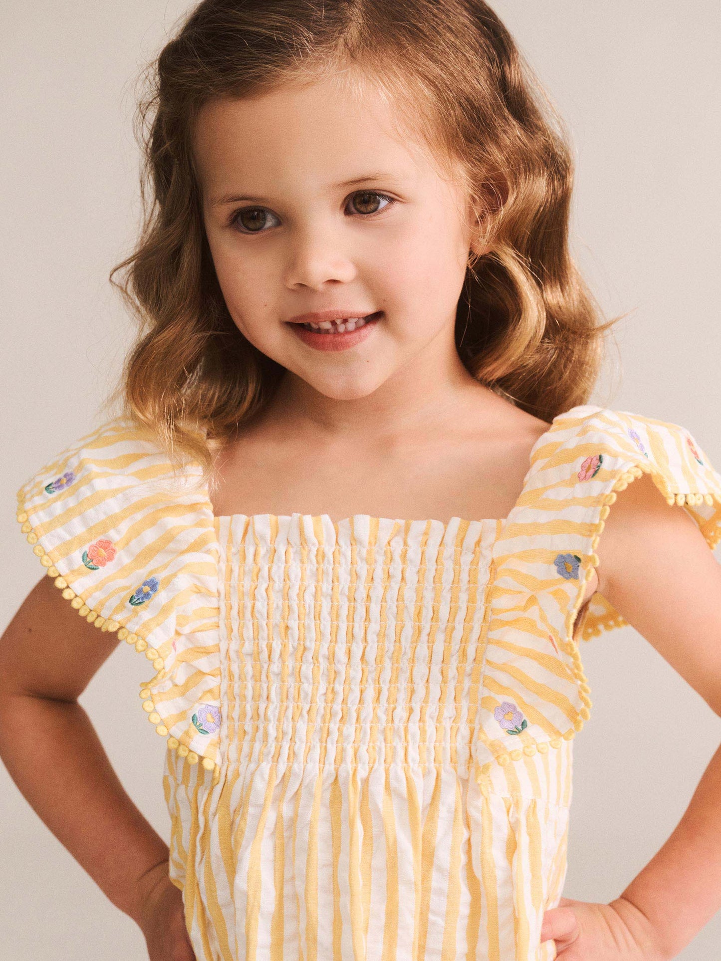 Huxbaby Flower Field Stripe Shirred Dress Golden | Almond Milk