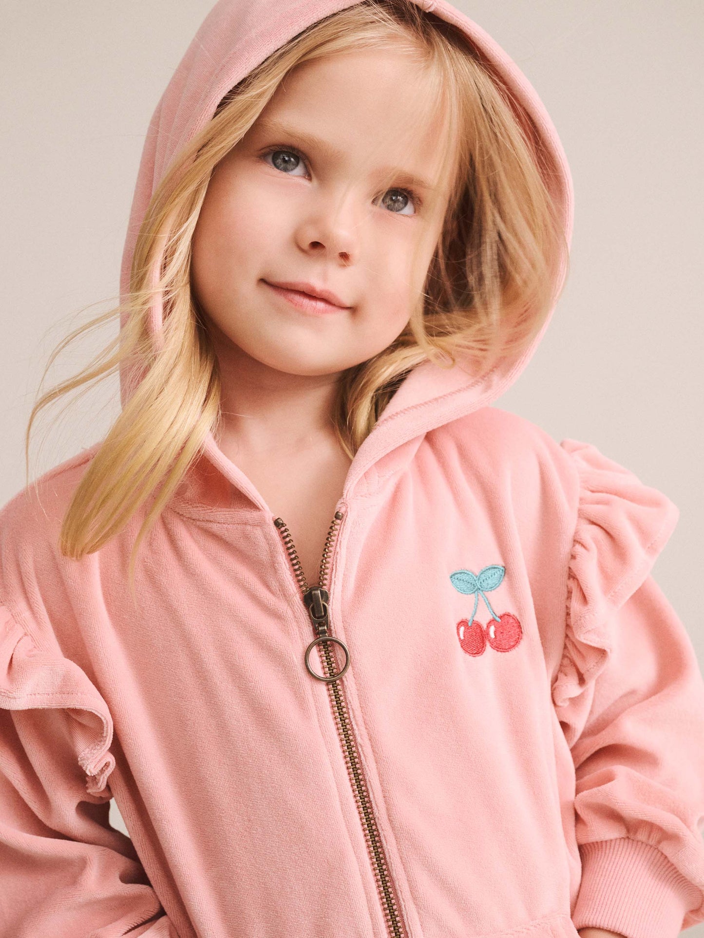 Huxbaby Cherry Embroidery Velour Zip Hoodie Vintage Pink