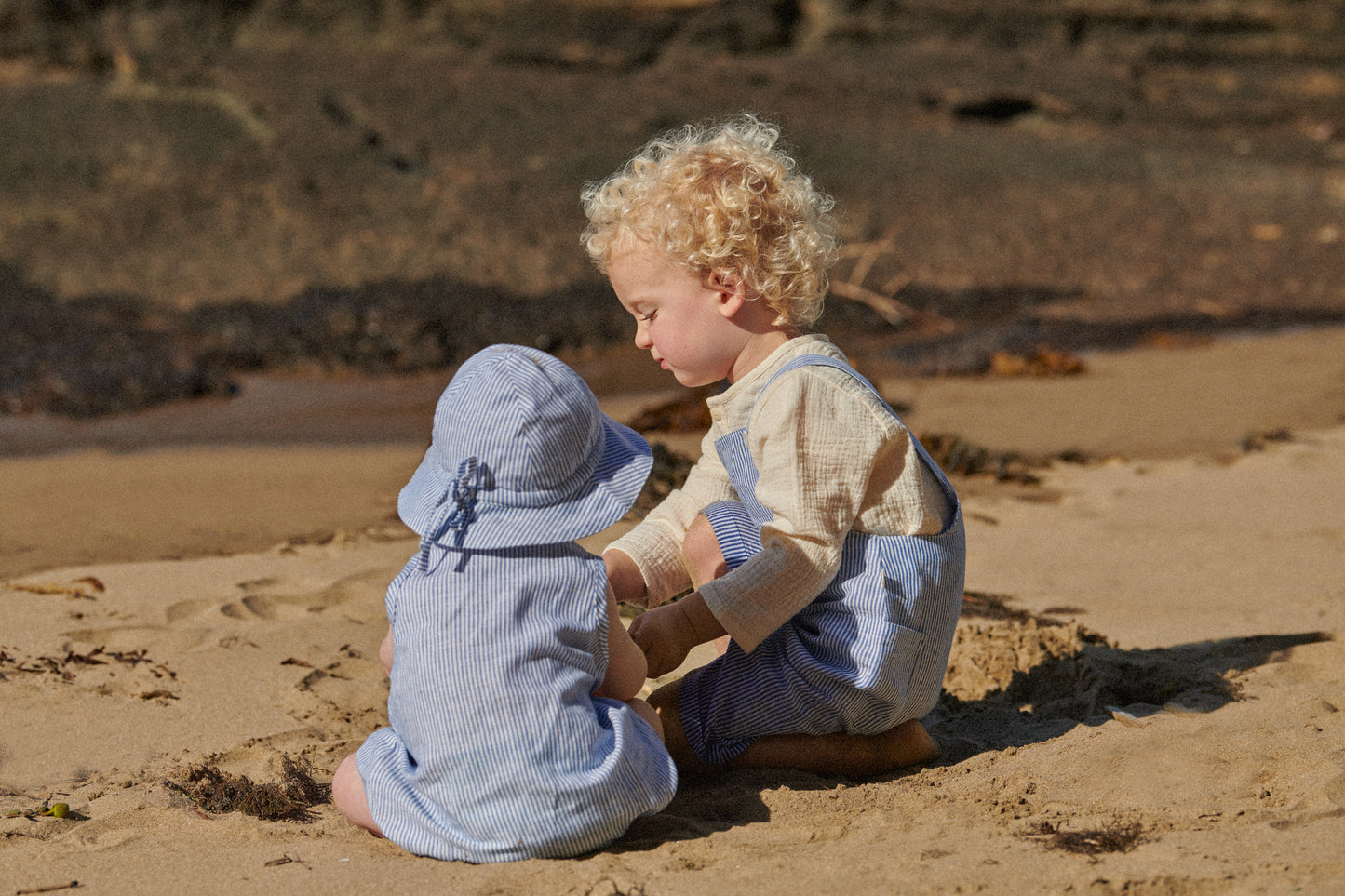Nature Baby Tucker Shortie Overalls Linen Blue Stripe