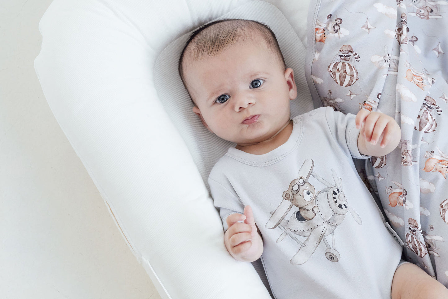Aster & Oak Flying Oli Bear Print Onesie Blue