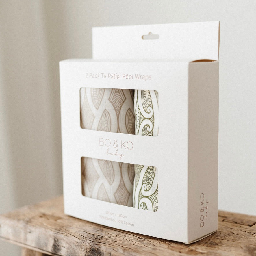 Bo & Ko 2 Pack Wrap Set Te Pātiki Mocha & Te Pātiki Green