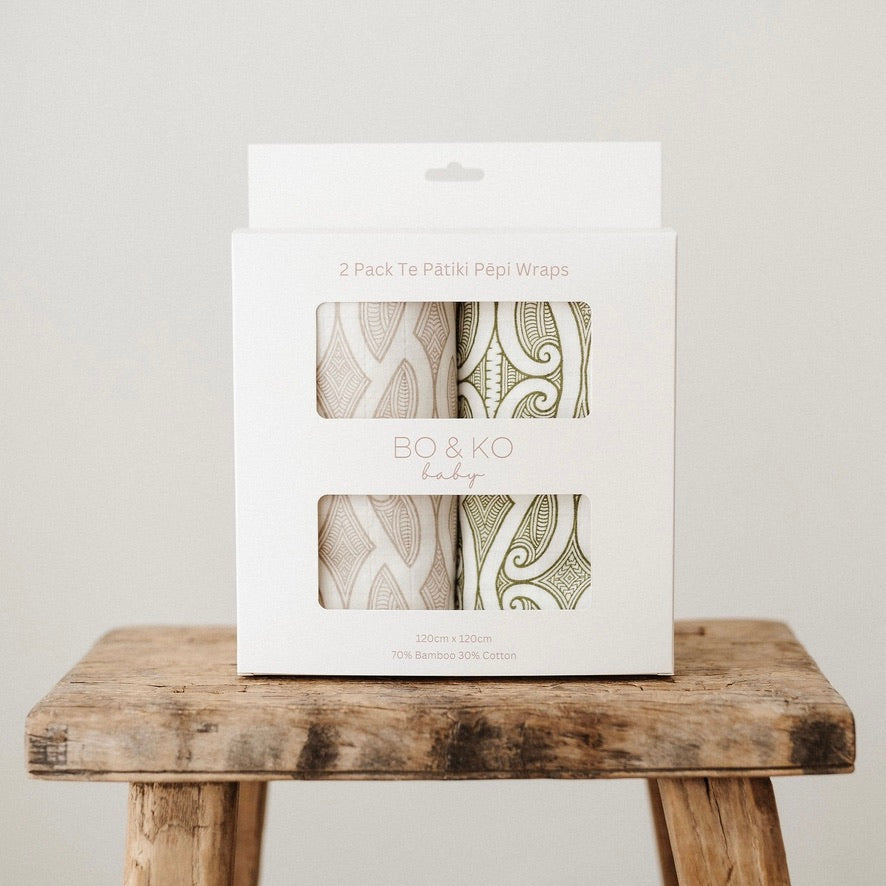 Bo & Ko 2 Pack Wrap Set Te Pātiki Mocha & Te Pātiki Green
