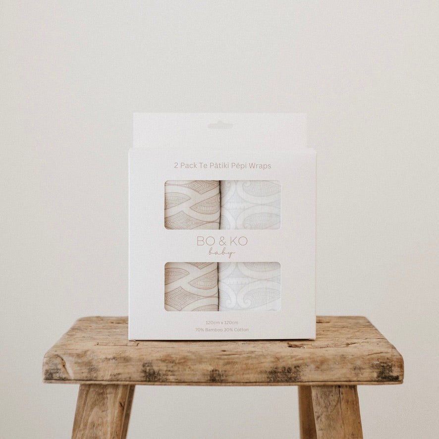 Bo & Ko 2 Pack Wrap Set Te Pātiki Mocha & Te Pātiki Grey