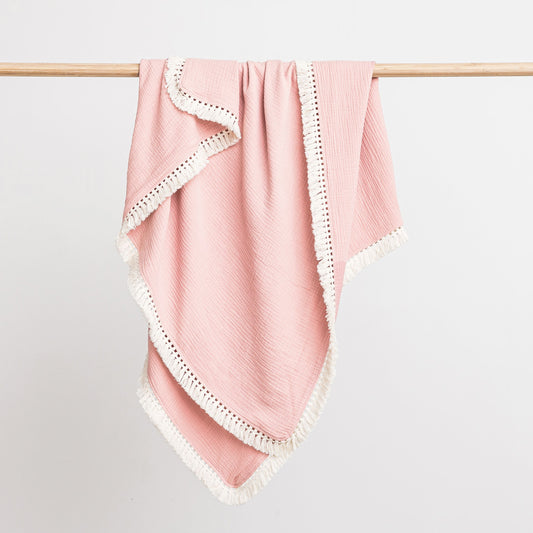 Over the Dandelions Organic Muslin Blanket with Tassels Blush