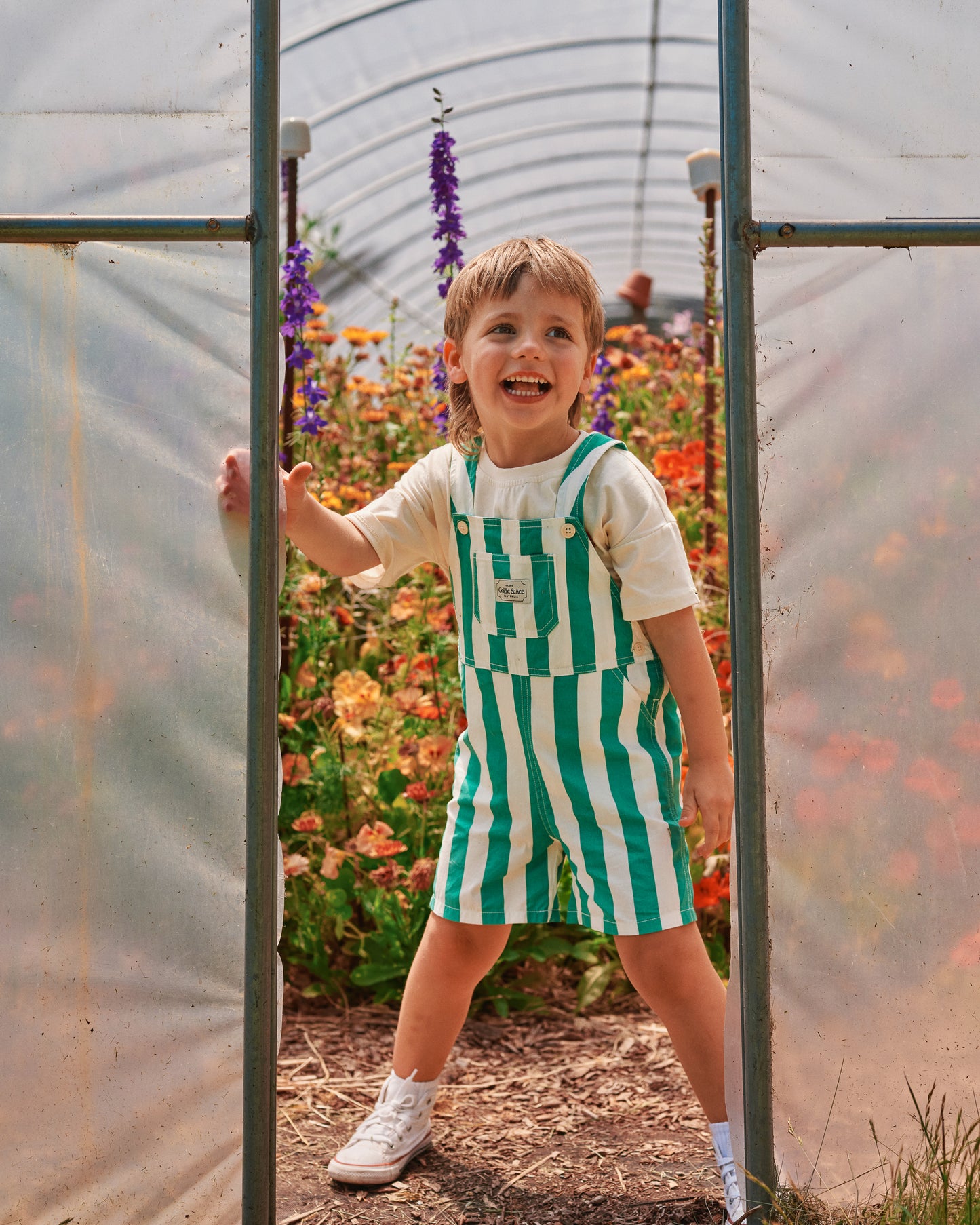 Goldie + Ace Happy Stripe Button Burton Overalls