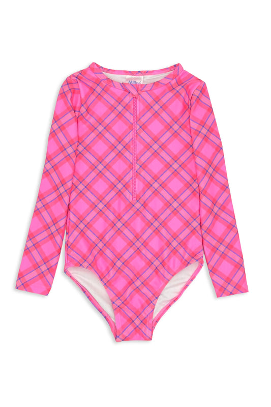 Milky Plaid Check Long Sleeve Swimsuit