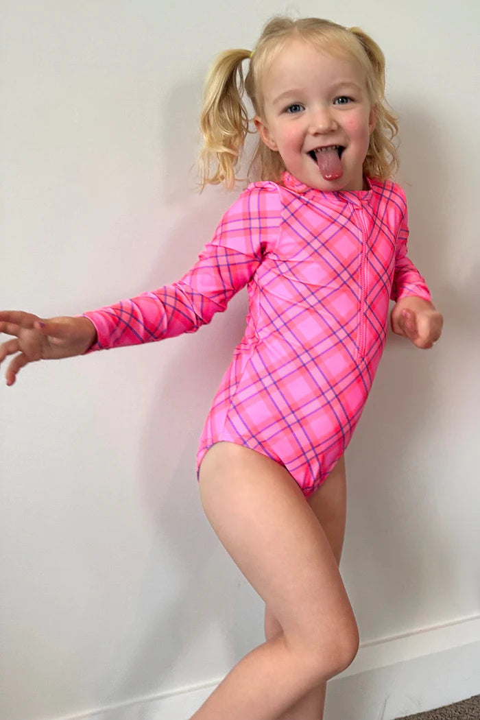 Milky Plaid Check Long Sleeve Swimsuit