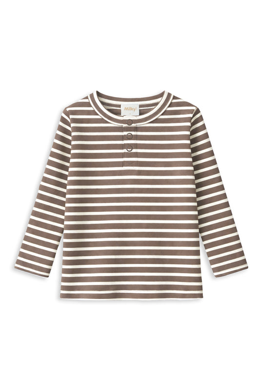 Milky Latte Stripe Henley Long Sleeve Tee  *Pre-Order*
