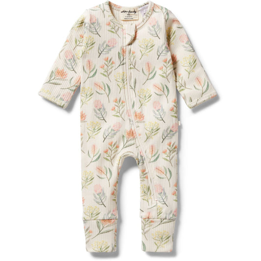 Wilson & Frenchy Organic Rib Zipsuit with Feet Pretty Floral