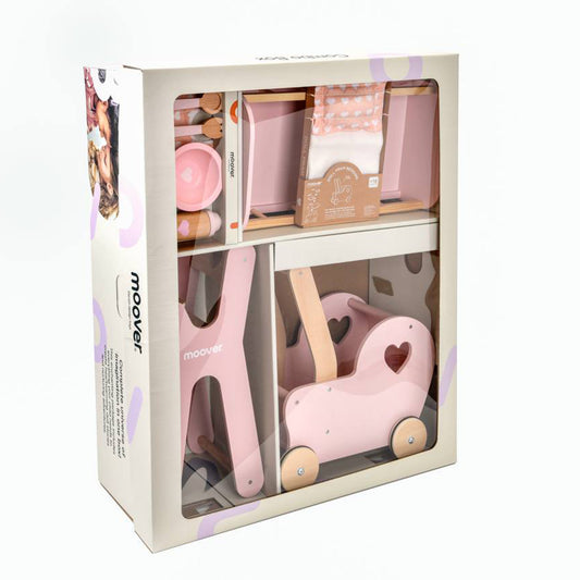 Moover Doll Playset Deluxe Pink | Pram | Highchair | Feeding Set | Cradle | Bedding