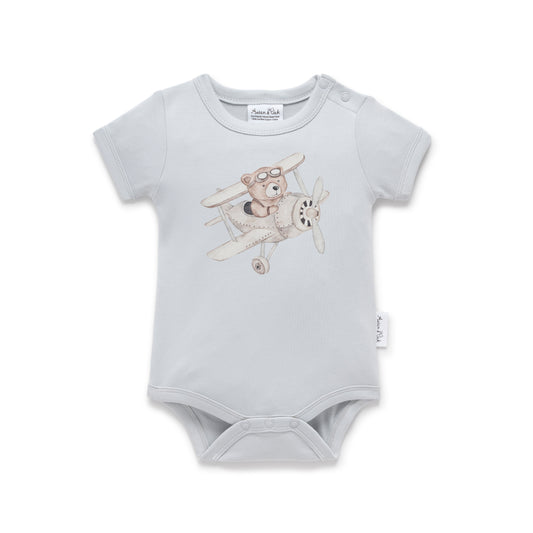 Aster & Oak Flying Oli Bear Print Onesie Blue