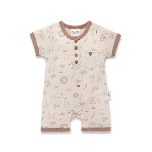Aster & Oak Safari Henley Romper Beige
