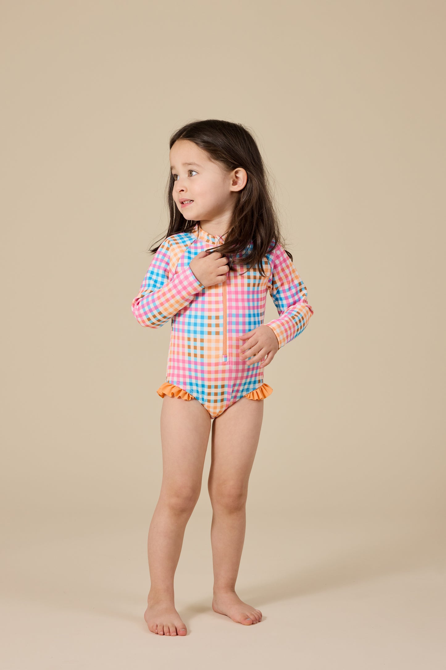 Goldie + Ace Rainbow Gingham Long Sleeve Frill Swimsuit