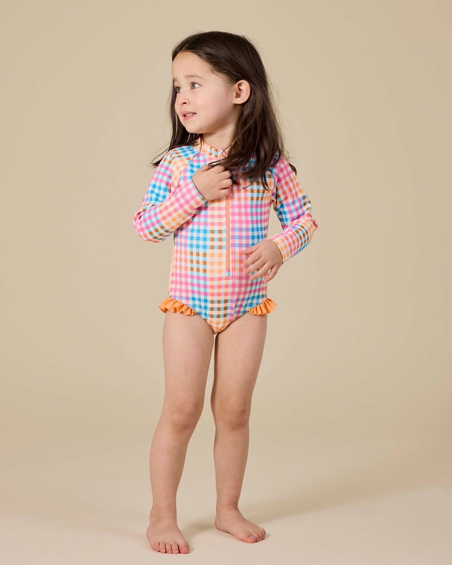 Goldie + Ace Rainbow Gingham Long Sleeve Frill Swimsuit