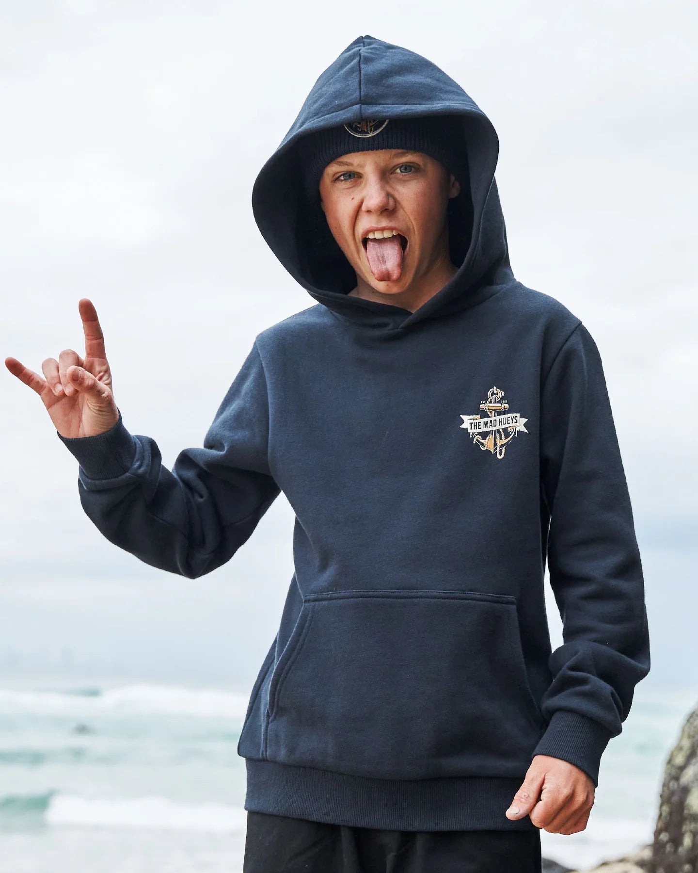 Mad Hueys Flame Anchor Hooded Pullover Navy