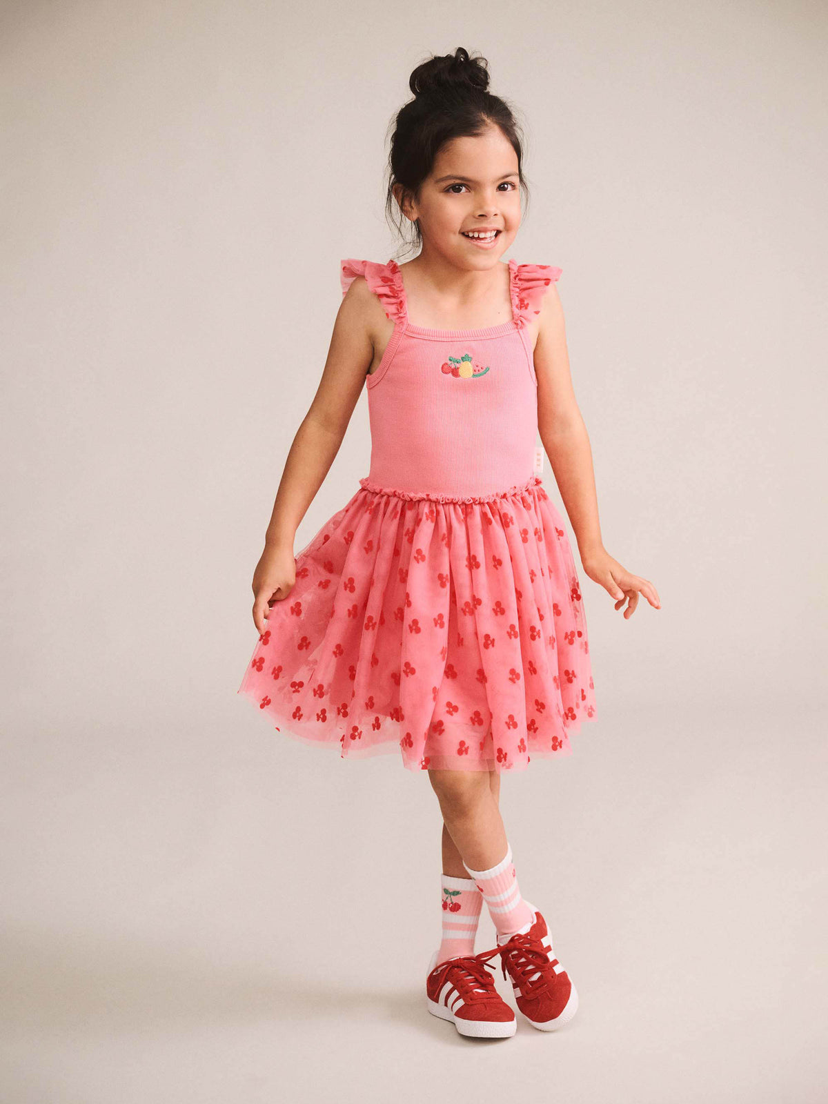 Huxbaby Tropical Fruit Embroidered Sleeveless Tulle Dress