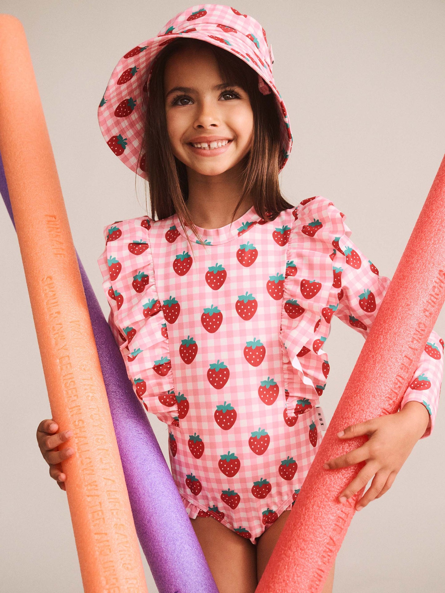 Huxbaby Strawberry Check Frill Long Sleeve Swimsuit