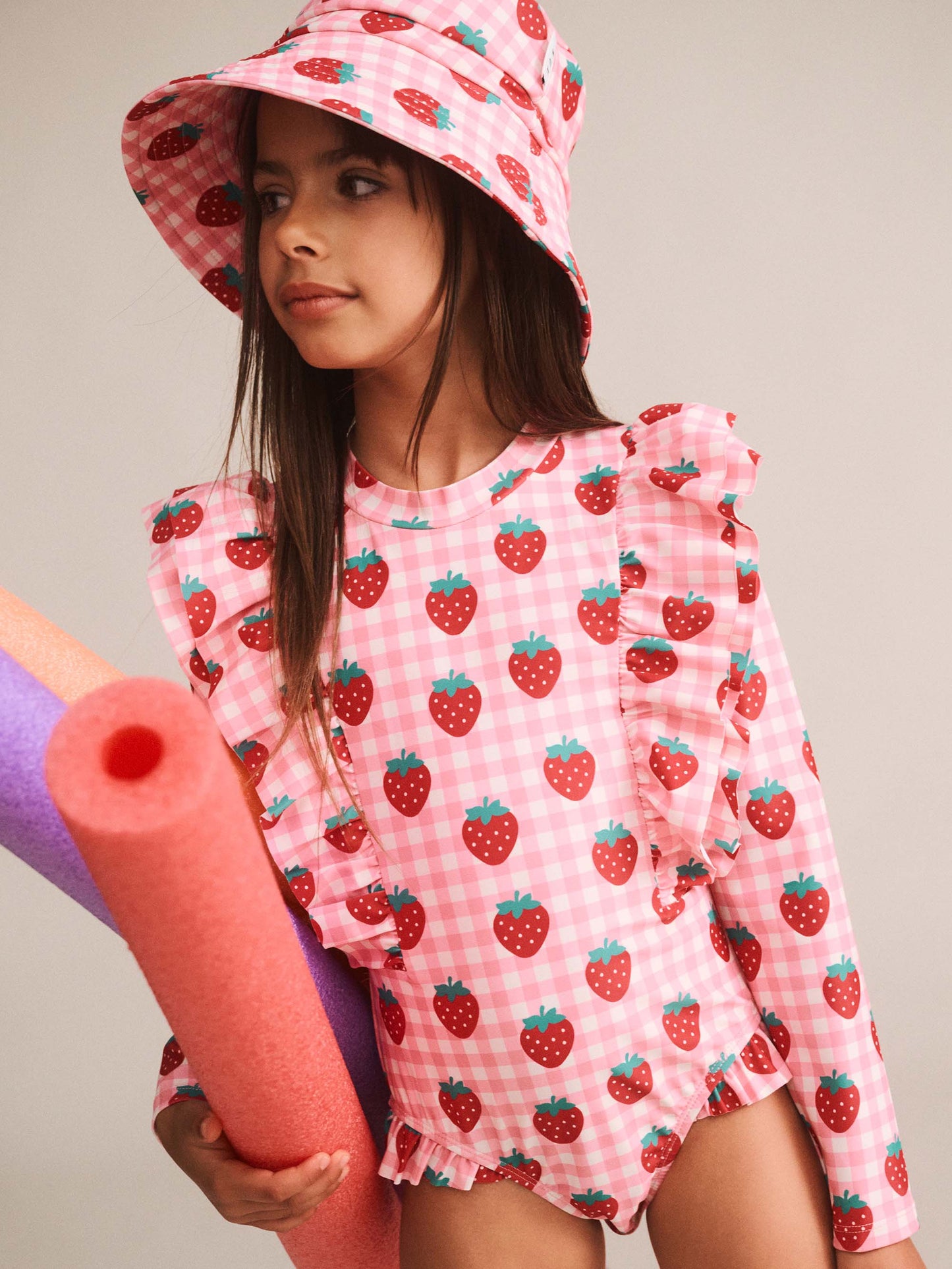 Huxbaby Strawberry Check Frill Long Sleeve Swimsuit