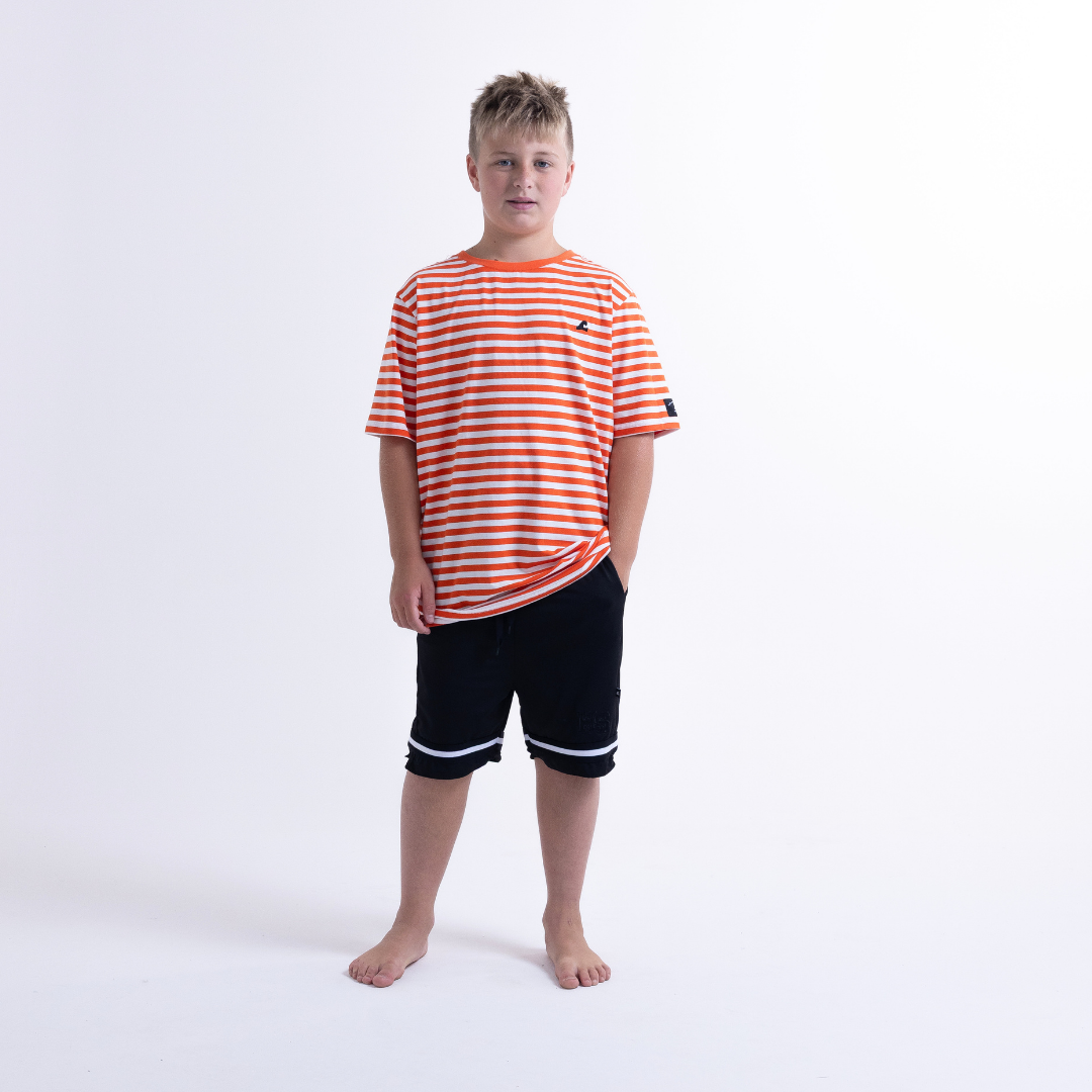 Hello Stranger Holiday Stripe Short Sleeve Tee Orange White Stripe