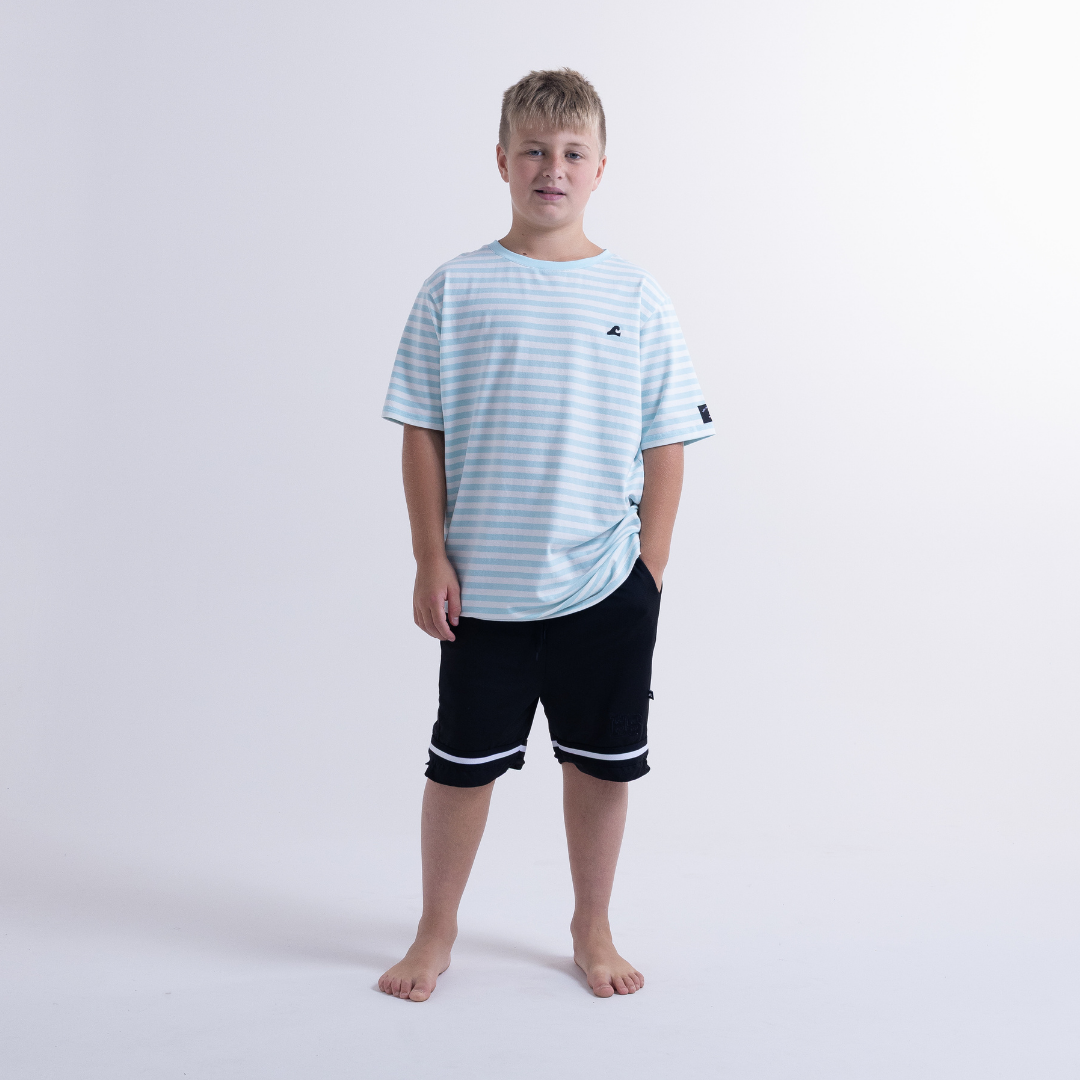 Hello Stranger Holiday Stripe Short Sleeve Tee Turquoise White Stripe