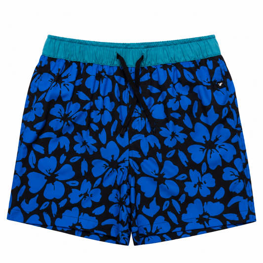 Hello Stranger Hibiscus Board Short Blue Black Hawaii Print