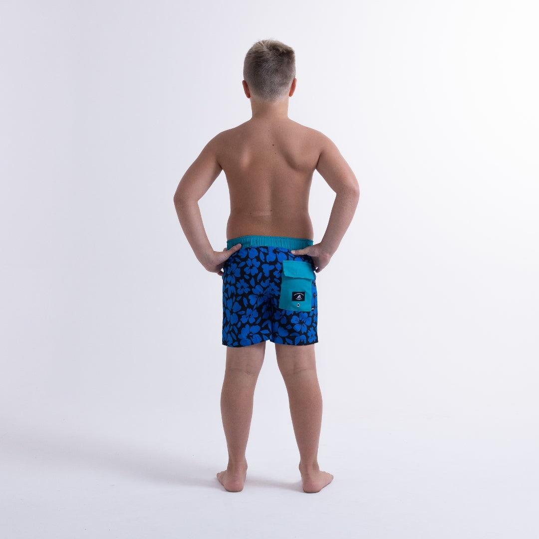 Hello Stranger Hibiscus Board Short Blue Black Hawaii Print