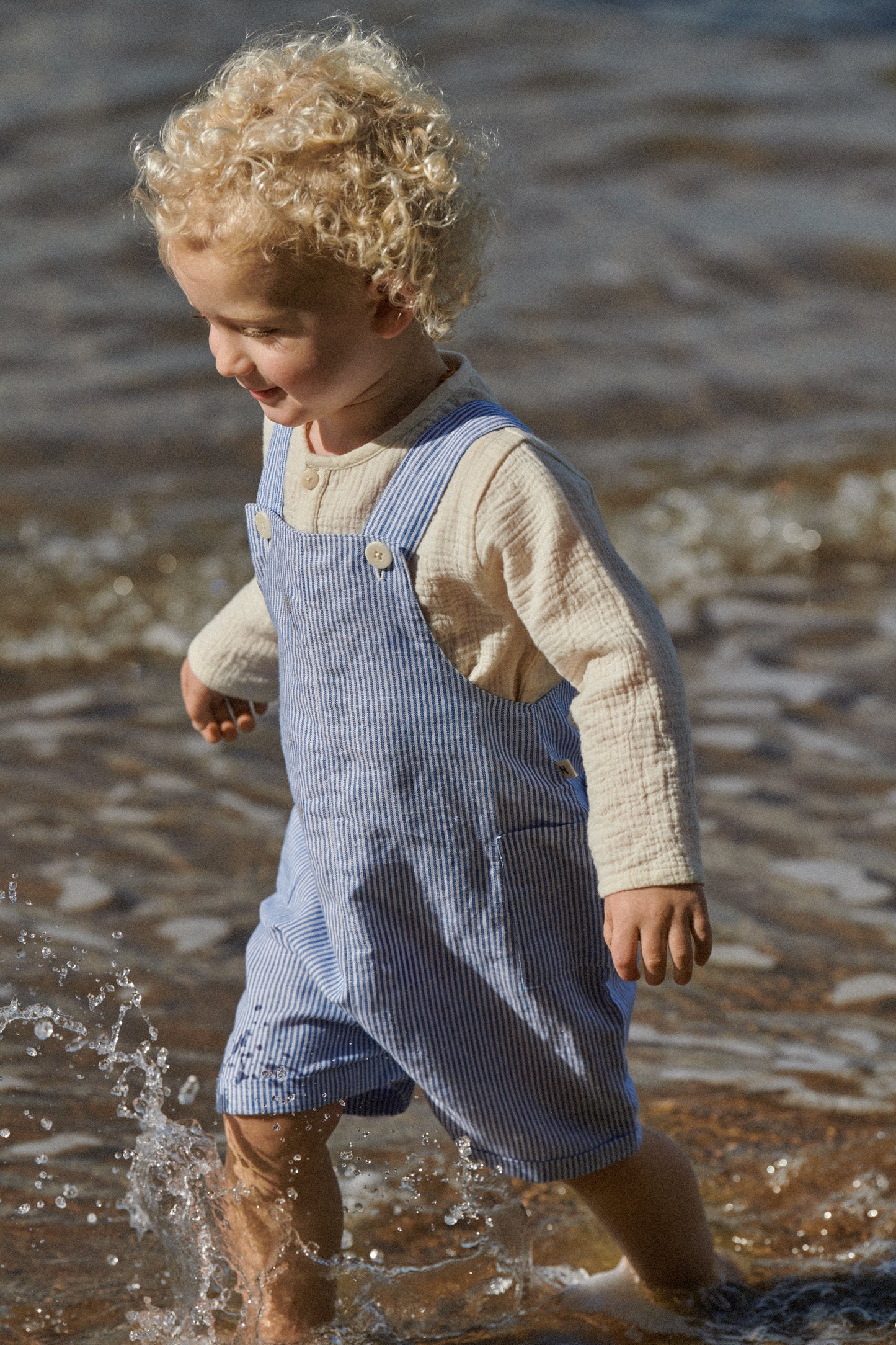 Nature Baby Tucker Shortie Overalls Linen Blue Stripe