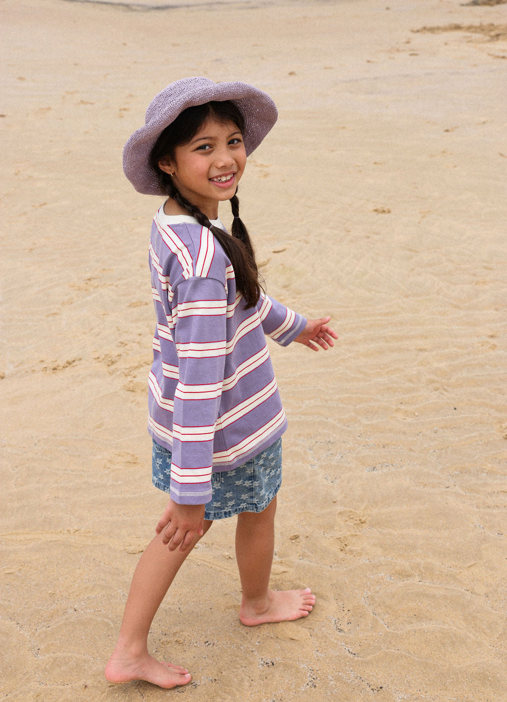 Grown Cotton Sports Stripe Long Sleeve Tee Mauve
