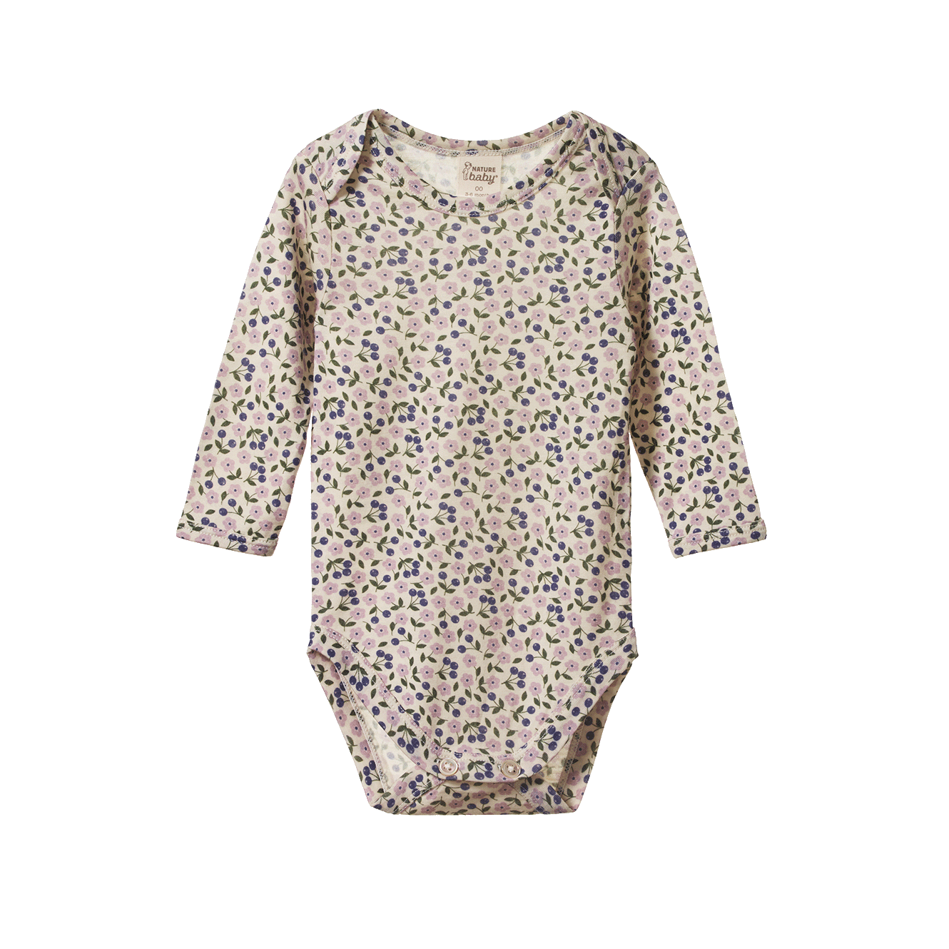 Nature Baby Merino Essential Long Sleeve Bodysuit Briarwood Lilac Print