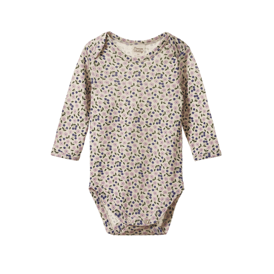 Nature Baby Merino Essential Long Sleeve Bodysuit Briarwood Lilac Print