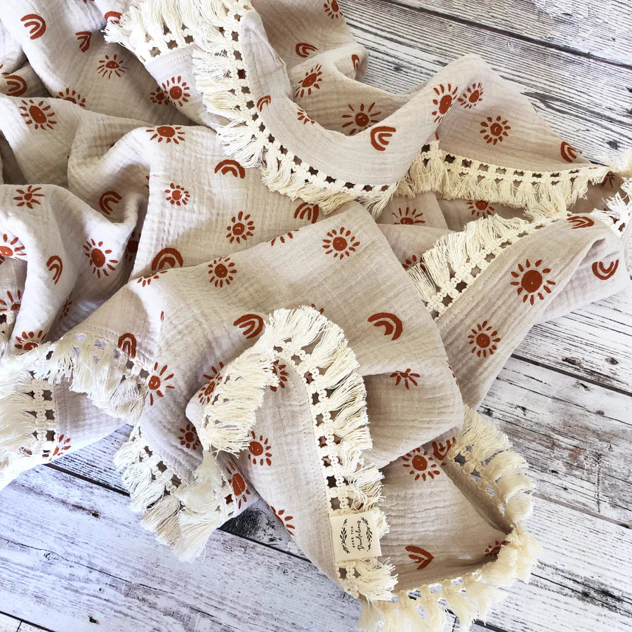 Over the Dandelions Organic Muslin Blanket with Boho Tassels Fringe Sunny Sand/Amber