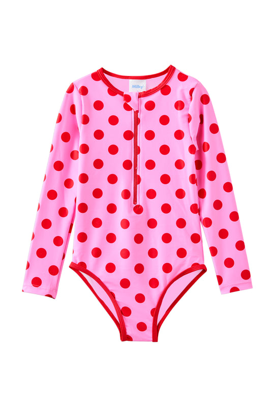 Milky Polka Dot Long Sleeve Swimsuit
