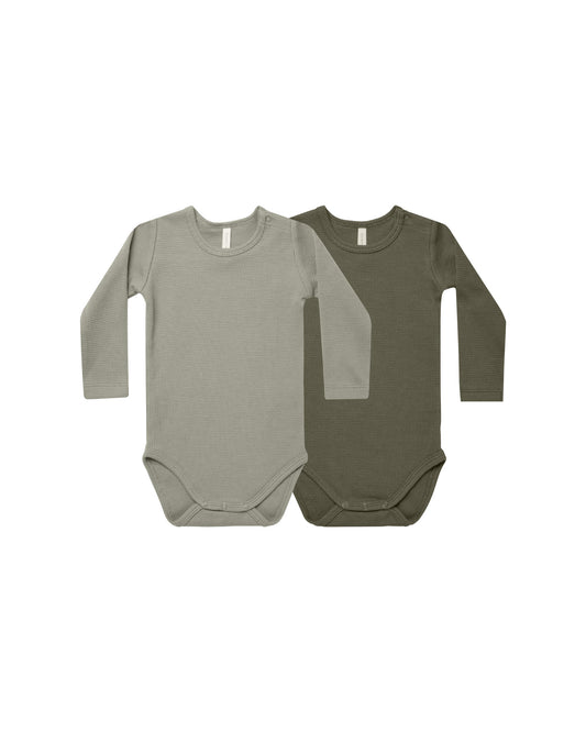 Quincy Mae Long Sleeve Waffle Bodysuit 2pack - Forest & Basil