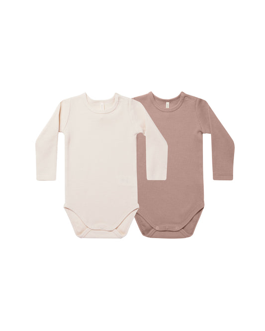 Quincy Mae Long Sleeve Waffle Bodysuit 2pack - Natural & Mauve
