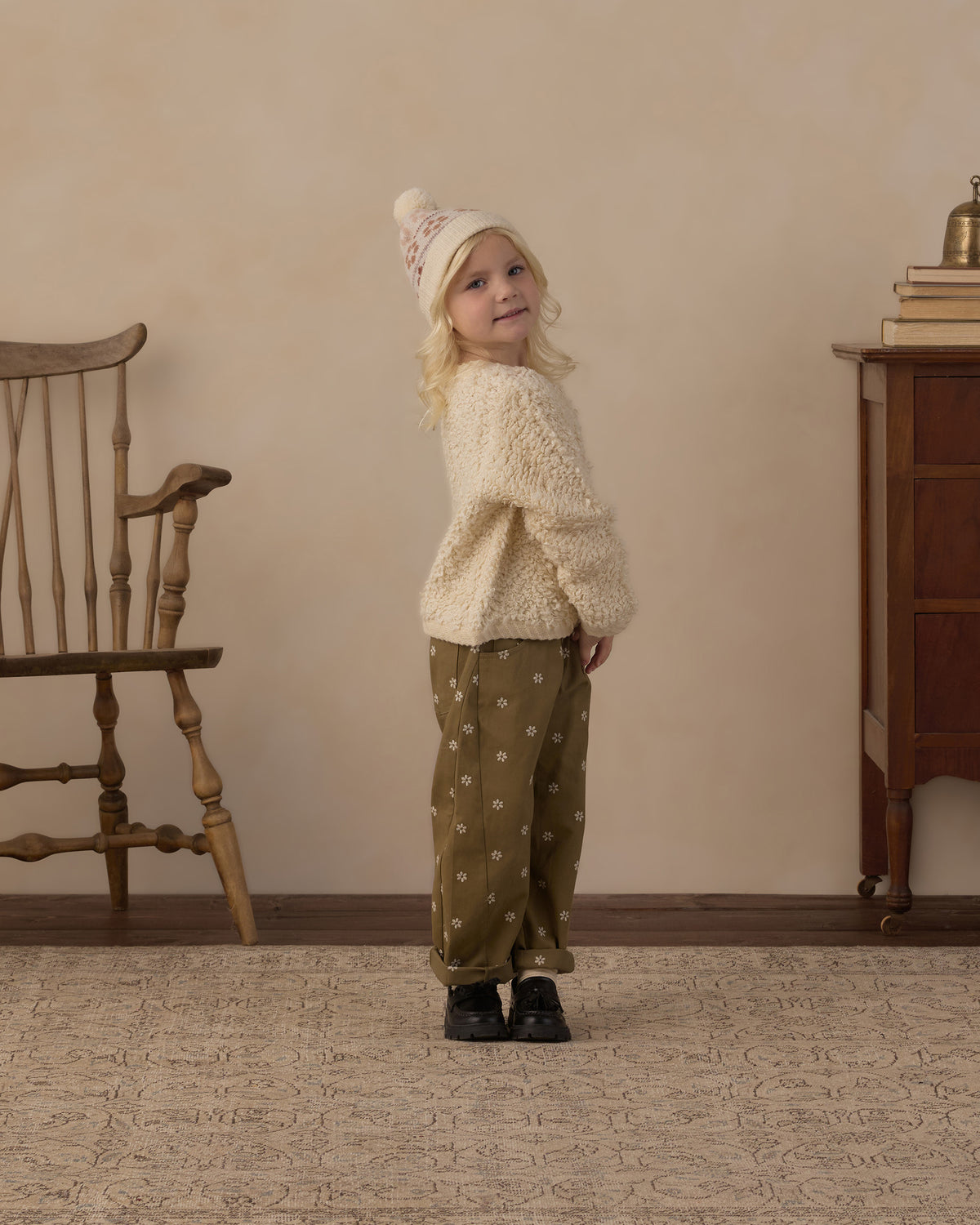 Rylee + Cru Barrel Pant Embroidered Daisies Olive
