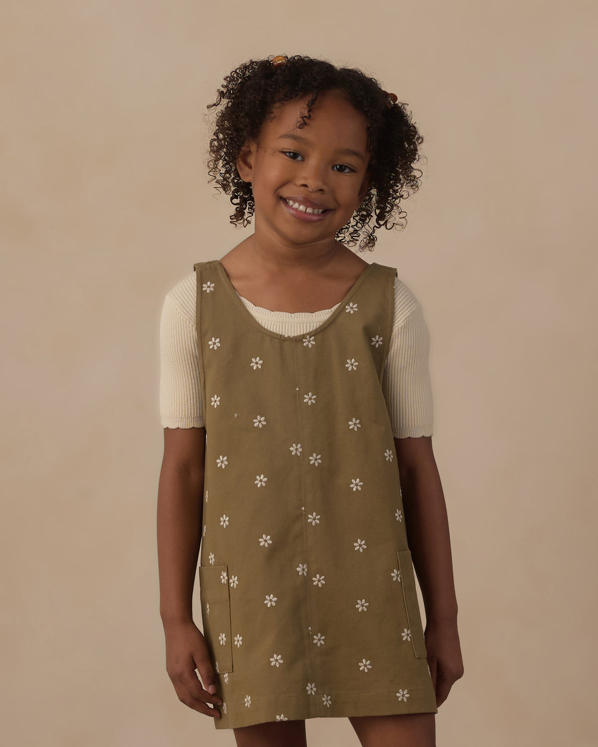 Rylee + Cru V-Neck Overall Dress Embroidered Daisies Olive