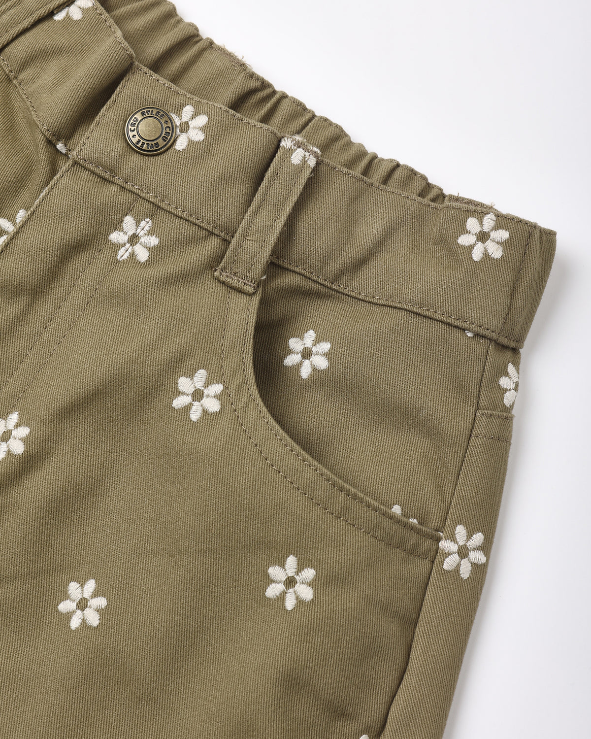 Rylee + Cru Barrel Pant Embroidered Daisies Olive