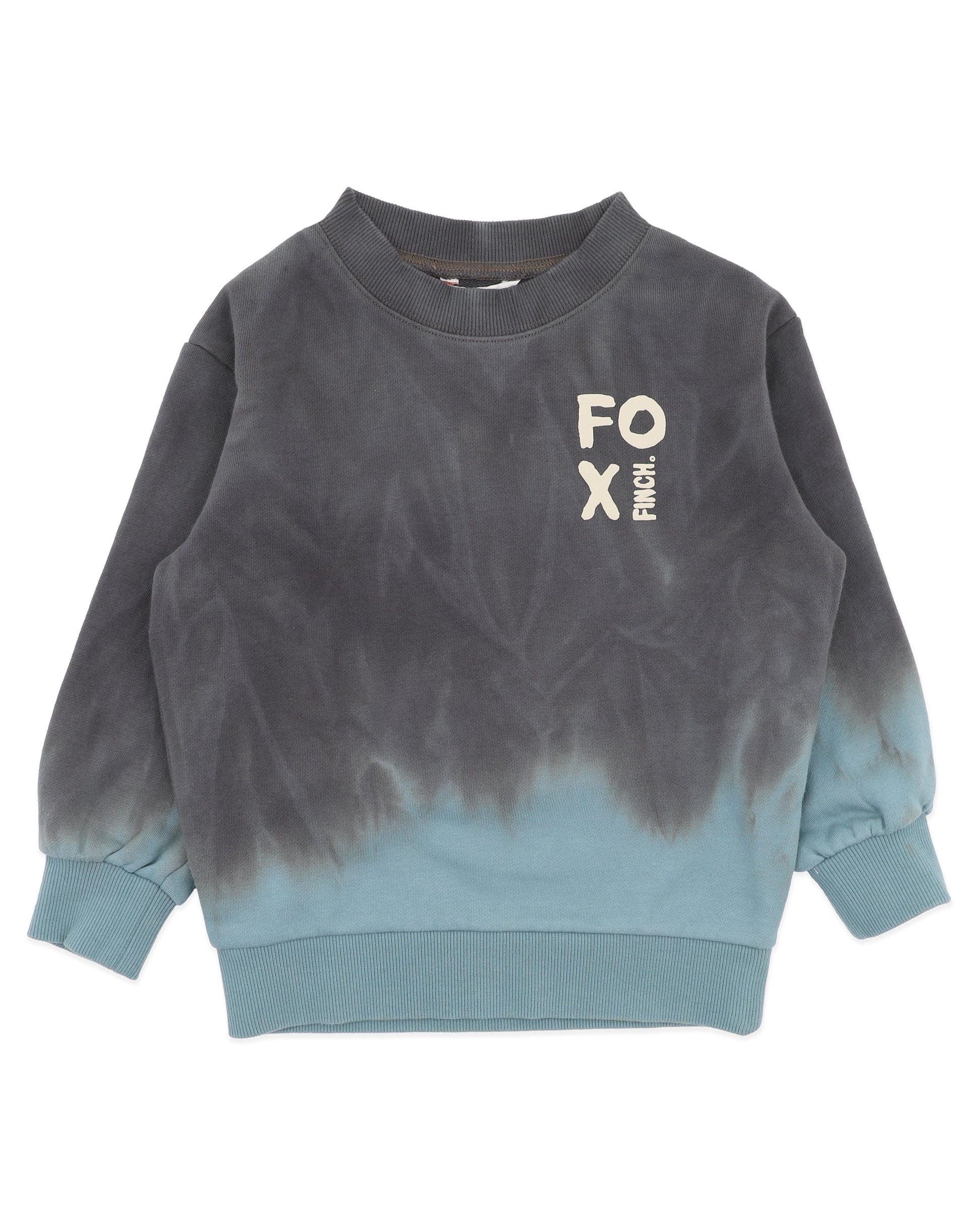 Gray and blue tie-dye sweatshirt with 'FOX' logo on a white background