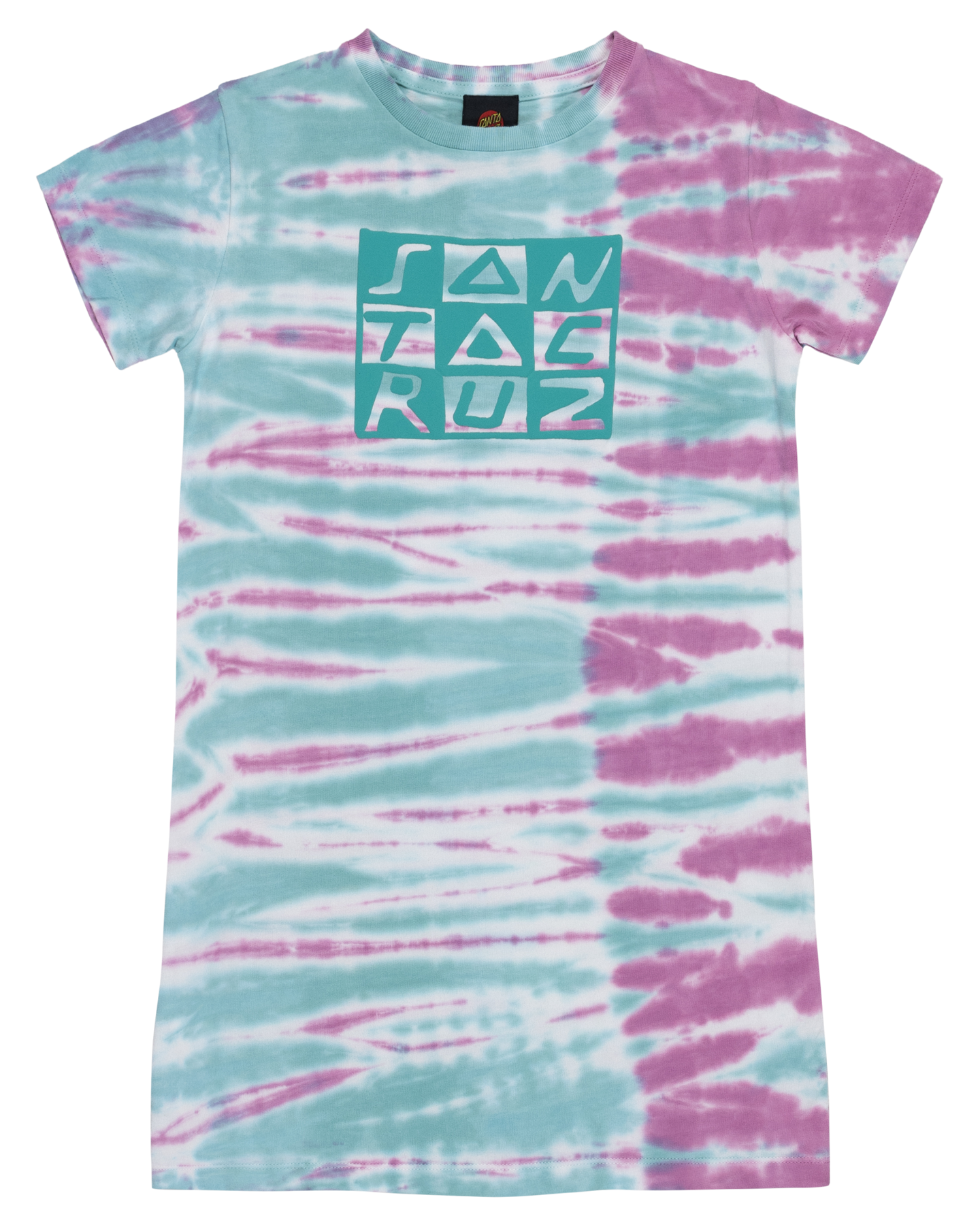 Santa Cruz Short Sleeve Dress Checker Block Front Ocean Tie Dye