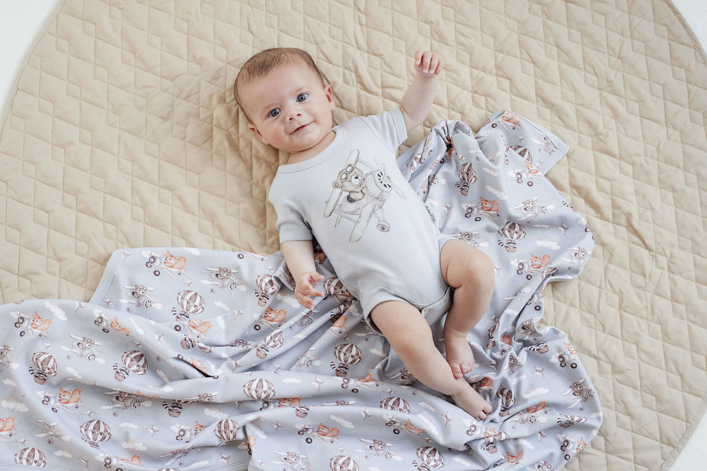 Aster & Oak Flying Oli Bear Print Onesie Blue