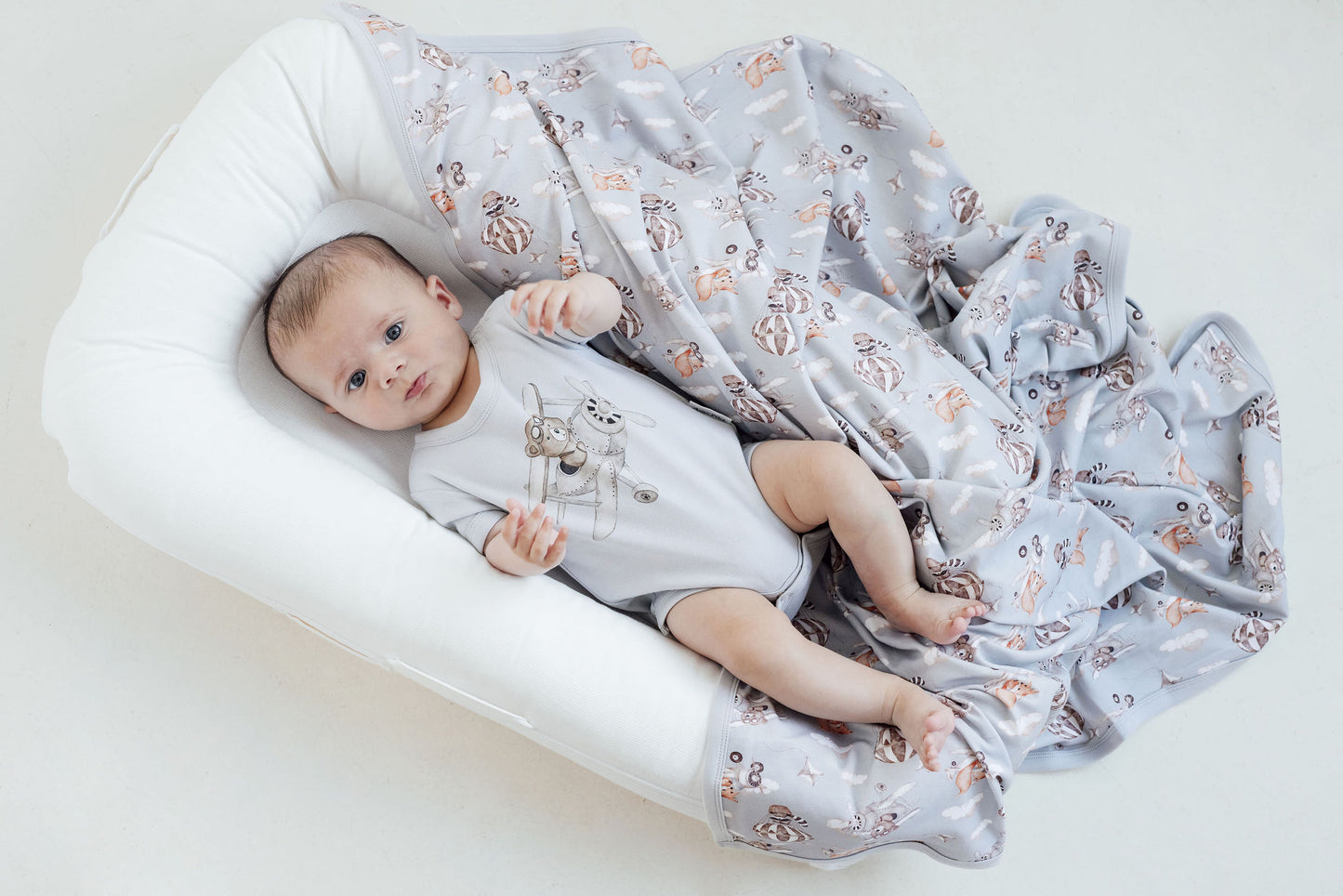 Aster & Oak Flying Oli Bear Print Onesie Blue
