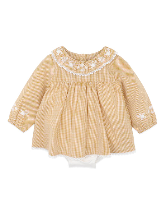 Minihaha Baby Winnie Embroidery Gingham Overlay Dress Mustard Check