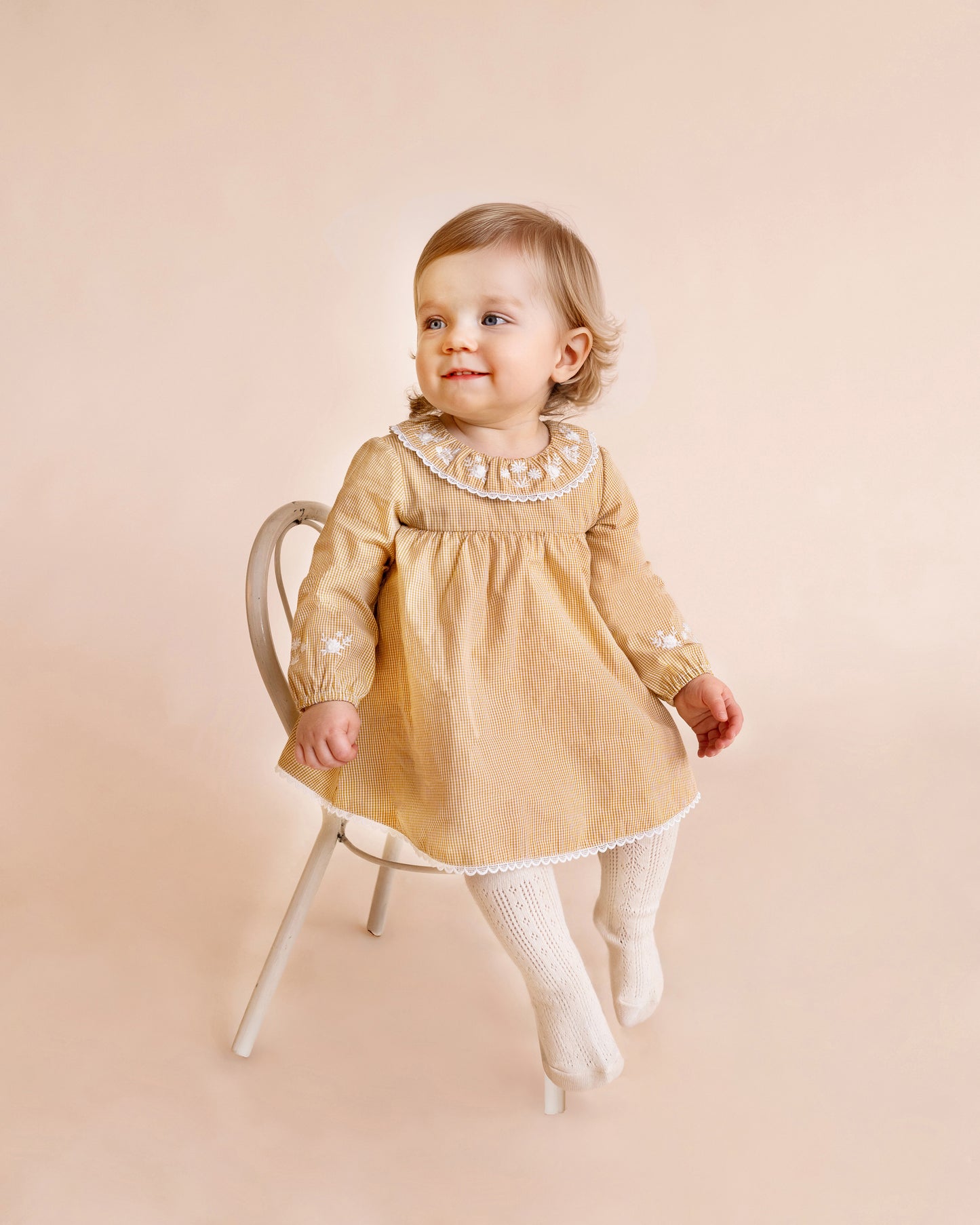 Minihaha Baby Winnie Embroidery Gingham Overlay Dress Mustard Check