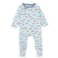 Light blue baby onesie with car pattern on a white background