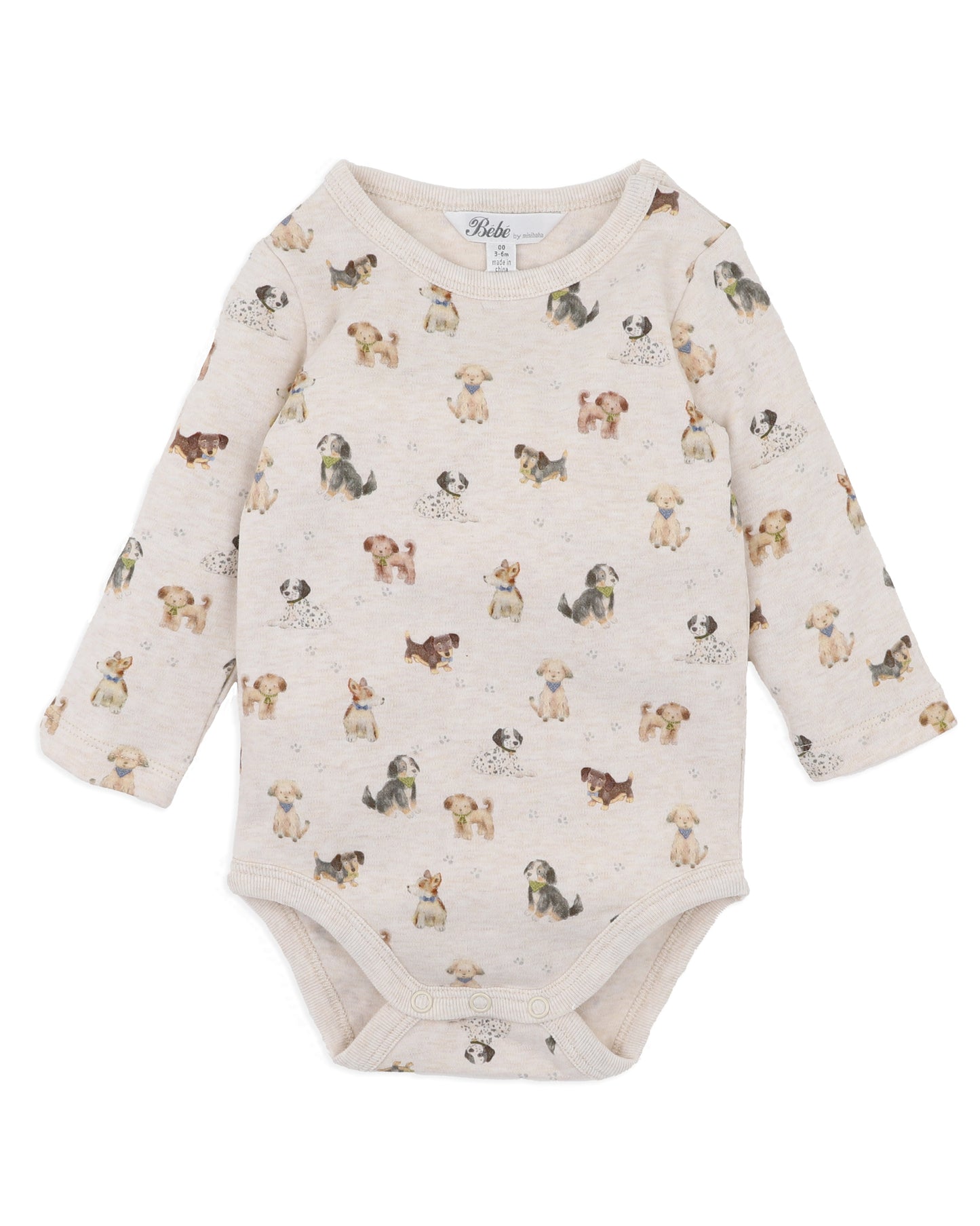 Baby bodysuit with dog pattern on a white background