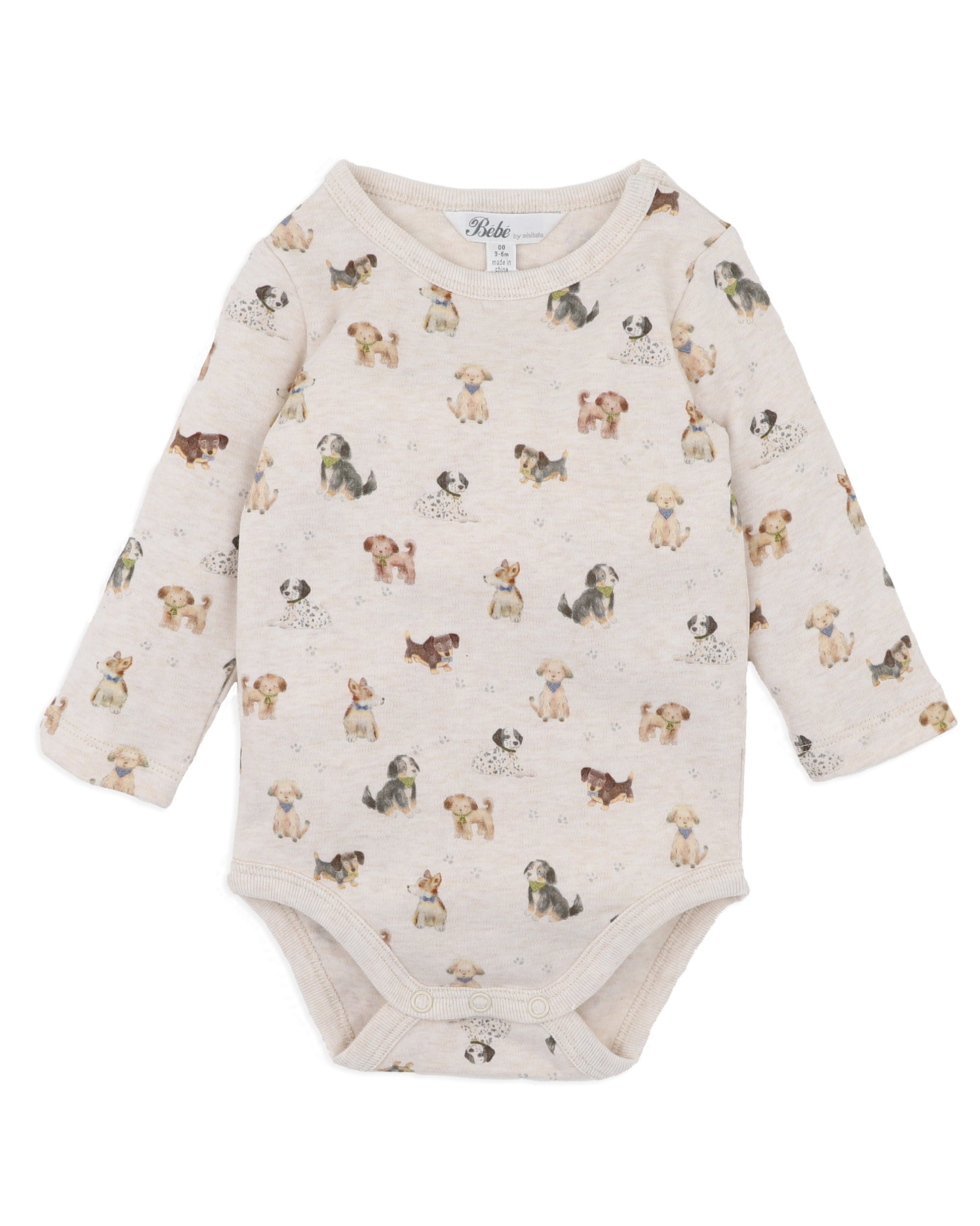 Baby bodysuit with dog pattern on a white background