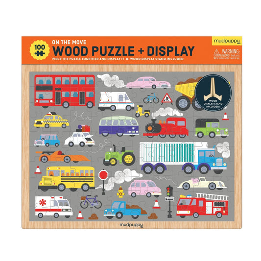 Vehicles on the Move 100 Piece Wood Puzzle & Display